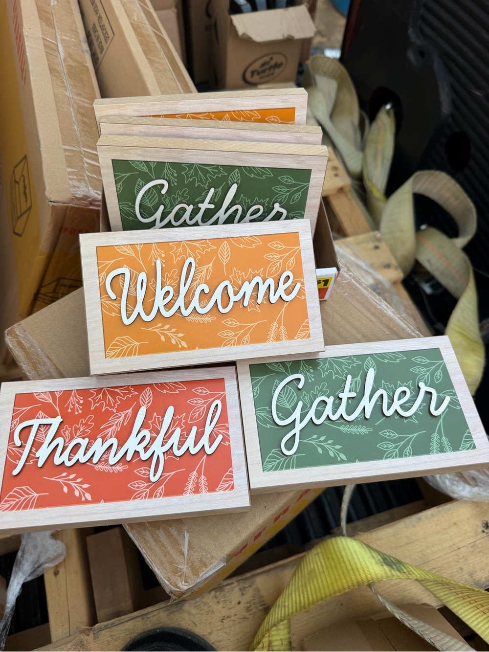 Welcome / Gather / Thankful Decorative Wooden Signs - Orange, Green, Coral